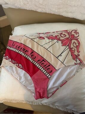 Tory Burch Pink and Cream High-Waist Bikini Bottoms with Script and Chain Print